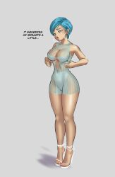  blue_eyes blue_hair blush bodycon bodycon_dress breasts bulma cleavage clothing_cutout covered_navel dragon_ball dragonball_z earrings high_heels jewelry jumpsuit large_breasts linkartoon narrow_waist navel_cutout short_hair simple_background thick_thighs thighs wide_hips 