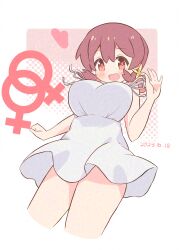 1girl :d absurdres bare_arms bare_legs breasts commentary dated dot_nose dress heart highres interlocked_venus_symbols large_breasts light_blush long_hair looking_at_viewer low_twintails murosaki_miyo onii-chan_wa_oshimai! open_mouth pon_sugar red_eyes red_hair simple_background sleeveless sleeveless_dress smile solo sundress twintails venus_symbol white_dress rating:Sensitive score:12 user:danbooru