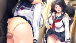 1girl ass azarashi_soft black_hair blue_eyes blush boku_to_kanojo_no_kojin_lesson breasts censored clothed_sex clothes_lift clothing_aside embarrassed faceless faceless_male from_behind game_cg groin highres hinazuka_ryou indoors large_breasts legs lifted_by_self long_hair looking_at_mirror mirror mosaic_censoring open_mouth panties panties_aside parted_bangs penis pussy reflection sailor_collar school_uniform serafuku sex skirt skirt_lift standing standing_sex thighs tsukimori_misaki underwear rating:Explicit score:23 user:Ynyswydryn