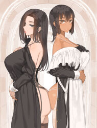  2girls ass ass-to-ass ass_cutout ass_press backless_dress backless_outfit black_dress black_hair breasts brown_eyes closed_mouth clothing_cutout collarbone commentary_request dark-skinned_female dark_skin dress frilled_dress frills from_side highres large_breasts long_hair long_sleeves looking_at_viewer maid medium_hair multiple_girls original pantyhose red_lips standing throtem two-tone_dress white_pantyhose 