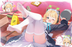  ! !! &gt;_&lt; 2girls animal_ear_headphones animal_ears apron bandaid bandaid_on_head black_dress blonde_hair blue_archive blue_panties blue_ribbon blush box broom bucket cardboard_box chibi chibi_inset chinese_commentary commentary_request crossed_bandaids crying doodle_sensei_(blue_archive) dress fake_animal_ears fallen_down feet frilled_dress frills green_eyes green_halo halo headphones long_sleeves looking_at_viewer lying maid_apron maid_headdress midori_(blue_archive) midori_(maid)_(blue_archive) momoi_(blue_archive) multiple_girls neck_ribbon no_shoes o_o official_alternate_costume on_back one_eye_closed open_mouth painter-lhb panties peroro_(blue_archive) ribbon rug sensei_(blue_archive) siblings sisters soles speech_bubble streaming_tears tears thighhighs toes twins underwear white_apron white_thighhighs wooden_floor 