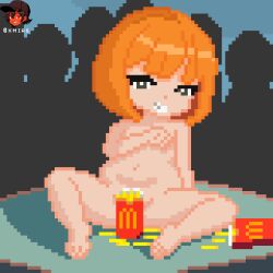  1girl artist_logo artist_name barefoot completely_nude convenient_censoring covering_breasts covering_privates crowd daughter_(yoru_mac) feet female_focus flat_chest food french_fries full_body highres loli looking_at_viewer mcdonald&#039;s navel nude orange_hair people pixel_art short_hair sitting smile spread_legs teeth thighs toes twitter_username xmias yoru_mac 
