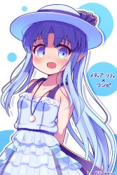  1girl :d absurdres arms_behind_back bare_shoulders blue_background blue_dress blue_eyes blue_hair blue_hat blush breasts cleavage collarbone commentary_request dress fate/grand_order fate_(series) frilled_dress frills hat hat_ribbon highres layered_dress long_hair looking_at_viewer medea_(lily)_(fate) open_mouth outline parted_bangs pleated_dress pointy_ears purple_ribbon ribbon small_breasts smile solo translation_request twitter_username two-tone_background very_long_hair white_background white_outline yuya090602 