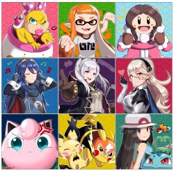  6+girls :3 :d absurdres anger_vein blowing_kiss blue_eyes blue_hair blush_stickers braid breasts brown_hair cape claws closed_eyes closed_mouth clothed_pokemon coat commentary corrin_(female)_(fire_emblem) corrin_(fire_emblem) cosplay_pikachu creatures_(company) electricity english_commentary english_text fangs fangs_out fire_emblem fire_emblem_awakening fire_emblem_fates game_freak gen_1_pokemon gen_2_pokemon gloves hat heart highres ice_climber inkling inkling_girl inkling_player_character ivysaur jigglypuff leaf_(pokemon) long_hair looking_at_viewer lucina_(fire_emblem) mario_(series) multiple_girls musical_note nana_(ice_climber) nintendo one_eye_closed open_mouth pichu pikachu pikachu_libre pointy_ears poke_ball_symbol pokemon pokemon_(creature) pokemon_frlg pokken_tournament robin_(female)_(fire_emblem) robin_(fire_emblem) sarukaiwolf silver_hair sleeveless smile spiky-eared_pichu splatoon_(series) super_smash_bros. tentacle_hair twin_braids wendy_o._koopa winter_clothes winter_coat  rating:General score:24 user:danbooru
