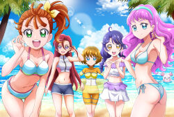  5girls :d ahoge ass asymmetrical_bangs beach bikini bikini_shorts blue_bikini blue_eyes blue_hairband blue_sky bow breasts brown_eyes brown_hair cleavage closed_mouth cloud collarbone commentary_request cowboy_shot day diving_suit dry_suit floating_hair gluteal_fold green_eyes grey_bikini grey_shorts hair_between_eyes hair_bow hair_intakes hairband halterneck hand_in_own_hair hand_on_lap hanzou high_ponytail highres holding holding_swim_ring ichinose_minori innertube kururun_(precure) laura_la_mer leaning_forward lens_flare light_frown long_hair long_sleeves looking_at_viewer medium_breasts miniskirt multiple_girls natsuumi_manatsu navel no_eyewear ocean open_mouth outdoors palm_tree partial_commentary pink_hair precure purple_eyes purple_hair red_hair short_hair short_shorts shorts side_ponytail skirt sky small_breasts smile spoilers sports_bikini standing straight_hair suzumura_sango swim_ring swimsuit takizawa_asuka tankini thigh_gap tree tropical-rouge!_precure very_long_hair white_skirt 