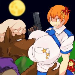  1boy 1girl :o angry animated animated_gif blush breast_sucking breasts breasts_out brown_hair closed_eyes furry furry_male furry_with_non-furry gun hataraki_ari holding holding_gun holding_weapon huge_breasts interspecies long_hair muscular open_mouth orange_hair original police police_uniform policewoman uniform weapon 