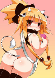 1girl animal_ears apron ass black_thighhighs blonde_hair collar cow_ears cow_girl cow_tail female_focus from_behind hair_ornament highres horns kikira_(silenceblack) loli long_hair looking_back naked_apron original plump ponytail red_eyes short_ponytail simple_background solo standing tail thighhighs valentine rating:Questionable score:60 user:Xander