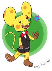  1boy angelic_chu animal_crossing chadder_(animal_crossing) green_background nintendo one_eye_closed pointing pointing_up smile standing standing_on_one_leg transparent_background tuxedo wink 