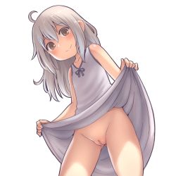 1girl aaaa_(quad-a) ahoge bare_shoulders blue_bow blue_ribbon blush bow bow_bra bra breasts brown_eyes cleft_of_venus closed_mouth clothes_lift collarbone dress dress_lift grey_hair grey_skirt hair_between_eyes highres lifted_by_self loli long_hair looking_at_viewer looking_down no_panties pussy ribbon simple_background skirt skirt_lift small_breasts smile solo underwear white_background white_dress white_hair rating:Explicit score:386 user:ShiroLoli