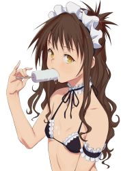  1girl absurdres blush bra brown_hair female_focus food highres loli looking_at_viewer maid popsicle simple_background solo to_love-ru underwear upper_body yuuki_mikan  rating:Questionable score:89 user:LoliconchatterDM