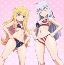  2girls american_flag_bikini bikini blonde_hair blue_eyes breasts closed_eyes closed_mouth commentary commentary_request commission cross_hair_ornament flag_print flat_chest gabriel_dropout gabriel_tenma_white grey_hair hair_ornament hair_ribbon hands_on_own_hips light_frown long_hair looking_at_viewer medium_breasts multiple_girls navel partial_commentary pixiv_commission print_bikini purple_background raphiel_shiraha_ainsworth red_ribbon ribbon smile star_(symbol) starry_background string_bikini swimsuit very_long_hair vierosky  rating:Sensitive score:34 user:danbooru