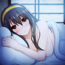 10s 1girl afterglow backlighting bed black_hair blush breasts brown_eyes collarbone gengodou hairband haruna_(kancolle) highres kantai_collection large_breasts light_smile looking_at_viewer lying nude hugging_object pillow pillow_hug solo tapisuke window rating:Questionable score:24 user:danbooru