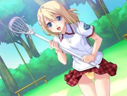  1girl blonde_hair bomi chain-link_fence clothes_lift dutch_angle fence game_cg lacrosse looking_at_viewer lucky_x_crosse non-web_source otobe_an otobe_anne outdoors panties racket short_hair skirt skirt_lift smile solo underwear upskirt wind wind_lift yellow_panties 