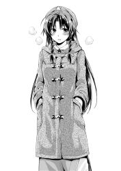  1girl asou_shin beret blush braid breath coat greyscale hair_ribbon hands_in_pockets hat hong_meiling long_hair looking_at_viewer monochrome pants parted_lips ribbon side_slit solo steam toggle touhou tress_ribbon twin_braids winter_clothes winter_coat 