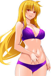  1girl blonde_hair bra breasts commentary_request cowboy_shot engo_(aquawatery) fate_testarossa highres large_breasts long_hair lyrical_nanoha mahou_shoujo_lyrical_nanoha_strikers open_mouth panties purple_bra purple_panties red_eyes simple_background smile solo underwear underwear_only white_background 