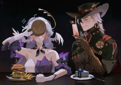  1boy 1girl ^_^ absurdres bare_shoulders beer_mug black_background black_hat black_jacket blush boothill_(honkai:_star_rail) burger cake champagne_flute closed_eyes commentary cup detached_sleeves dress drinking_glass food french_fries gloves grey_hair grin hat head_wings highres holding holding_cup honkai:_star_rail honkai_(series) jacket mug robin_(honkai:_star_rail) short_sleeves smile strapless strapless_dress tangerine_93 white_gloves white_hair wings 
