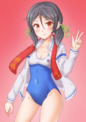  1girl anti_(untea9) black_hair blue_one-piece_swimsuit blush breasts brown_eyes competition_swimsuit cowboy_shot gluteal_fold hair_between_eyes hair_ornament hair_ribbon hairclip high_school_fleet highres inagi_(kancolle) jacket kantai_collection long_hair long_sleeves looking_at_viewer one-piece_swimsuit open_clothes open_jacket red_scarf ribbon scarf school_swimsuit small_breasts smile solo swimsuit twintails white_jacket 