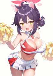  1girl absurdres animal_ears black_hair blue_archive blush breasts cheerleader cleavage cleavage_cutout clothing_cutout cowboy_shot detached_collar hair_between_eyes hair_bun halo highres holding holding_pom_poms kaede_(blue_archive) large_breasts millennium_cheerleader_outfit_(blue_archive) navel open_mouth pink_halo pom_pom_(cheerleading) pom_poms short_hair simple_background single_side_bun skirt smile solo sonao white_background white_skirt yellow_eyes  rating:Sensitive score:44 user:danbooru