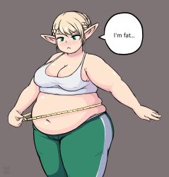 1girl belly blonde_hair blush breasts cleavage covered_erect_nipples elf-san_wa_yaserarenai. elfuda_(elf-san_wa_yaserarenai.) fat green_eyes highres large_breasts navel pointy_ears solo rating:Questionable score:14 user:leejunne