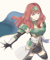  1girl armor black_gloves blue_cape blunt_bangs cape celica_(fire_emblem) celica_(fire_emblem)_(valentia&#039;s_hope) earrings feet_out_of_frame fire_emblem fire_emblem_heroes gloves green_armor highres jewelry leg_armor looking_at_viewer nintendo official_alternate_costume simple_background smile solo tea6043 white_background 