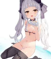 1girl :d bikini bikini_pull bikini_top_only black_choker black_pantyhose black_ribbon blush bottle bottomless breasts brown_eyes choker clothes_pull commentary_request fang frilled_choker frills hair_ribbon highres holding holding_bottle hololive long_hair looking_at_viewer murasaki_shion navel nipples no_shoes open_mouth pantyhose pantyhose_pull pouring pouring_onto_self purple_bikini ribbon silver_hair sitting skin_fang small_breasts smile solo stomach swimsuit twintails very_long_hair virtual_youtuber wakamezake wariza water zhiyou_ruozhe rating:Questionable score:98 user:danbooru