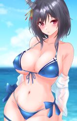  1girl absurdres bikini black_hair blue_bikini blurry blurry_background breasts cleavage closed_mouth cloud collarbone cosplay day embarrassed hair_ornament halterneck highres kantai_collection large_breasts looking_to_the_side navel nitamako_(sakamalh) oce ocean off_shoulder red_eyes shigure_(kancolle) shigure_(kancolle)_(cosplay) shirt short_hair sky solo swimsuit white_shirt yamashiro_(kancolle) 