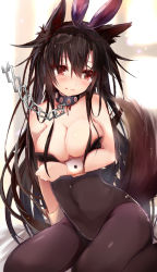1girl alternate_costume animal_ears bare_shoulders black_pantyhose breasts brown_hair chain cleavage collarbone efe fake_animal_ears imaizumi_kagerou large_breasts leotard long_hair pantyhose playboy_bunny rabbit_ears red_eyes sitting solo tail tears touhou very_long_hair wavy_mouth wolf_ears wolf_tail wrist_cuffs rating:Sensitive score:31 user:danbooru