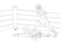 2girls boxing boxing_gloves boxing_ring catfight defeat multiple_girls santos unconscious