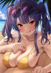  1boy 1girl :q absurdres azur_lane bare_shoulders bikini blush breasts censored cleavage covered_erect_nipples cum eyewear_on_head heavy_breathing hetero highres large_breasts long_hair looking_at_viewer momo_no_sukebe mosaic_censoring nail_polish official_alternate_costume paizuri penis pola_(azur_lane) pola_(seaside_coincidence)_(azur_lane) pov purple_hair red_eyes sidelocks smile solo_focus sunglasses sweat swimsuit tongue tongue_out twintails yellow_bikini  rating:Explicit score:67 user:danbooru