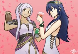  2girls ahoge alcohol arm_at_side armpits artist_request bare_shoulders beer_can blue_eyes blue_hair breasts brown_eyes can capelet clenched_hand clenched_teeth collarbone dated dress drink_can eyelashes female_focus fire_emblem fire_emblem_awakening fire_emblem_heroes flat_chest flower_hair_ornament from_side glass hair_between_eyes hand_up happy highres holding holding_can intelligent_systems long_dress long_hair looking_at_viewer looking_to_the_side lucina_(fire_emblem) lucina_(valentine)_(fire_emblem) matching_hair/eyes medium_breasts multiple_girls neck nintendo no_bra official_alternate_costume orange_background parted_bangs parted_lips presenting robin_(female)_(fire_emblem) robin_(female)_(valentine)_(fire_emblem) robin_(fire_emblem) rope_belt side_slit sidelocks sleeveless sleeveless_dress smile standing sundress symbol_in_eye teeth tunic twintails white_dress white_hair white_tunic 