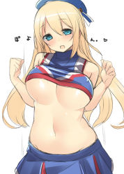 10s 1girl atago_(kancolle) blonde_hair blue_hat blush bouncing_breasts breasts cheerleader covered_erect_nipples green_eyes hat kantai_collection large_breasts long_hair navel nekoume open_mouth personification skirt solo underboob rating:Questionable score:31 user:danbooru