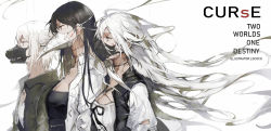  3girls artist_name black_hair blouse breasts brown_eyes collarbone cracked_skin curse:_two_worlds_one_destiny english_text floating_hair green_jacket highres jacket lococo:p long_hair mask messy_hair multiple_girls neck_stitches open_clothes open_jacket red_eyes revision shirt short_hair sleeveless sleeveless_jacket stitched_neck stitches torn_clothes torn_sleeves upper_body white_background white_hair white_jacket white_shirt wind yellow_eyes 