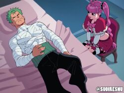  1boy 1girl animated anus audible_speech back bare_shoulders blood book breasts bulge censored chair closed_eyes earrings english_audio erection erection_under_clothes fellatio hetero jewelry lips medium_breasts monkey no_panties nude one_piece oral penis perona pink_hair pussy roronoa_zoro sex sitting skirt sound suoiresnu sword tagme tree twintails vaginal video violence weapon  rating:Explicit score:270 user:anon-sama3