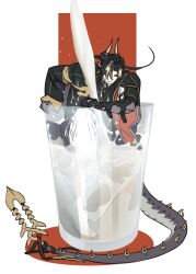  1boy arknights armor black_hair chong_yue_(arknights) commentary_request cup dragon_boy dragon_horns dragon_tail drink floating_hair full_body horns jjeobjjeobdogta_(wjqwjqehrxk) korean_commentary long_hair long_sleeves long_tail low_ponytail male_focus milk mini_person miniboy multicolored_hair open_mouth partially_submerged pauldrons pointy_ears red_background rerebrace shoulder_armor single_sleeve streaked_hair tail wet 
