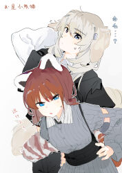  2girls absurdres animal_ears black_shirt blonde_hair blue_eyes closed_mouth collared_dress collared_shirt commentary_request dog_ears dog_girl dog_tail dress girls_band_cry grey_dress hands_on_own_hips highres iseri_nina kawaragi_momoka kemonomimi_mode layered_sleeves long_hair long_sleeves multiple_girls parted_lips raccoon_ears raccoon_girl raccoon_tail red_hair shirt short_over_long_sleeves short_sleeves short_twintails simple_background sweatdrop tail translation_request twintails white_background white_shirt ydpfa 