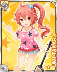  1girl card character_name flower girlfriend_(kari) hair_flower hair_ornament instrument jewelry necklace official_art open_mouth pink_eyes pink_hair pink_shirt qp:flapper sanshin shirt shorts side_ponytail smile solo tagme takara_umi yellow_background  rating:Sensitive score:2 user:RomanticDevil