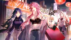  3girls armlet bag bandaged_arm bandages bare_shoulders billboard black_camisole black_eyes black_gloves black_hair black_shirt black_undershirt bodysuit breasts breasts_apart building camisole chest_harness chief_(path_to_nowhere) chinese_commentary city clear_sky coat coat_on_shoulders collarbone collared_shirt colored_skin commentary countess_chelsea_(path_to_nowhere) cracked_skin crop_top cup detached_sleeves disposable_cup drinking drinking_straw drinking_straw_in_mouth female_chief_(path_to_nowhere) forehead gem gloves grabbing_another&#039;s_hand grey_coat grey_pants hair_intakes half_gloves hand_grab handbag harness highres holding holding_cup holding_jewelry holding_necklace jewelry lantern large_breasts light_blush llmia4 long_hair looking_at_another looking_at_viewer looking_to_the_side medium_breasts midriff multiple_girls navel necklace neon_sign night night_sky ninety-nine_(path_to_nowhere) off_shoulder open_clothes open_coat outdoors pants paper_lantern parted_bangs parted_lips path_to_nowhere pink_eyes pink_hair red_eyes red_gemstone red_lips shirt shopping shopping_bag single_glove single_sleeve sky skyscraper sleeves_past_fingers sleeves_past_wrists smile underboob very_long_sleeves white_bodysuit white_coat white_hair 