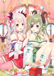  2girls :d bell blue_eyes blush braid branch breasts cleavage commentary_request cone_hair_bun curtains eyepatch feeding gradient_hair green_hair green_kimono green_skirt grey_hair hair_bun highres hishimochi honey_strap horns japanese_clothes jingle_bell kimono knees_up kusumoto_shizuru low_twintails medium_breasts multicolored_hair multiple_girls nanashi_inc. no_shoes off_shoulder open_mouth pink_hair pink_thighhighs pleated_skirt pointy_ears red_eyes red_skirt ribbon-trimmed_legwear ribbon_trim round_window sekishiro_mico skirt smile suou_patra swept_bangs tabi teeth thighhighs transparent twin_braids twintails upper_teeth_only virtual_youtuber white_kimono window 