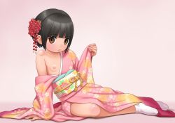  1girl anda_(pennyroyal_tea) black_hair brown_eyes female_focus flat_chest flatcheez flower full_body hair_flower hair_ornament highres japanese_clothes kimono loli looking_at_viewer nipples obi one_breast_out reclining sash short_hair simple_background socks solo thighs 