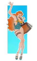  1girl alternate_costume arm_up armpits bag bangle bare_shoulders belt belt_buckle bikini bikini_under_clothes blue_overalls bracelet breasts buckle collarbone commentary denim denim_overalls denim_shorts full_body highres jewelry legs long_hair looking_at_viewer mcbuckwheat medium_breasts nail_polish nami_(one_piece) necklace one_eye_closed one_piece open_hand orange_eyes orange_hair orange_nails overall_shorts overalls pearl_necklace sandals short_shorts shorts shoulder_bag standing swimsuit symbol-only_commentary thigh_belt thigh_strap thighs toeless_footwear waving wavy_hair yellow_bikini 