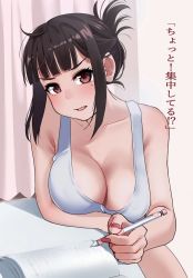 1girl bare_arms bare_shoulders black_hair blunt_bangs breasts brown_eyes cleavage collarbone commentary_request curtains elder_cousin_(igarashi_kyouhei) hair_bun highres igarashi_kyouhei indoors large_breasts looking_at_viewer mole mole_under_eye nail_polish notebook open_mouth original paper pencil pink_nails sidelocks single_hair_bun sitting solo tank_top translation_request white_tank_top rating:Sensitive score:36 user:danbooru