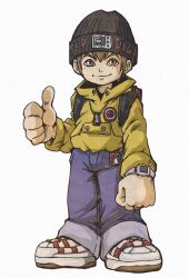 1boy beanie black_hat blue_pants brown_eyes brown_hair clenched_hand copyright_name denim digimon digimon_(virtual_pet) digimon_world fenyon full_body hat jewelry looking_at_viewer male_focus mameo_(digimon) pants pendant shirt short_hair simple_background solo thumbs_up watch white_background wristwatch yellow_shirt