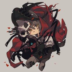  1boy animal_ears animal_hands arknights black_cat blue_eyes brown_hair cape cat cat_boy cat_ears chibi christine_(arknights) grey_background highres long_sleeves looking_at_viewer male_focus mask mask_on_head multiple_tails parted_lips phantom_(arknights) phantom_(focus)_(arknights) red_cape remu_(kudarizaka_25) shirt short_hair simple_background solo tail tearing_up torn_cape torn_clothes white_shirt yellow_eyes 