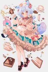  1girl absurdres adapted_costume apron artist_name asami-chan bag black_footwear blue_bow blue_dress blue_hair book bookmark bow bowtie coffee cup dog dress food fork frilled_apron frills full_body genshin_impact gloves grey_background hair_bow hair_ornament hand_up hat heart highres honey_dipper low_twintails midair open_book paper_bag parted_lips pink_bow pink_bowtie pom_pom_(clothes) pom_pom_hair_ornament sigewinne_(genshin_impact) simple_background solo spoon tail taiyaki teapot twintails wagashi white_apron white_hat 
