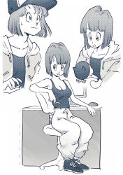  1boy 1girl amachu_a artist_name baby bob_cut breasts bulma carrying chair cigarette cleavage commentary dragon_ball dragonball_z greyscale highres holding holding_cigarette hood hoodie keyboard_(computer) medium_breasts monitor monochrome mother_and_son mouse_(computer) office_chair pants short_hair sitting sweatdrop sweatpants swivel_chair table tank_top trunks_(dragon_ball) 