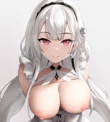  1girl asanagi_shion azur_lane bare_shoulders breasts breasts_out breasts_squeezed_together closed_mouth collarbone dress frills from_above grey_background grey_hair hairband large_breasts long_hair looking_at_viewer nipples red_eyes scylla_(azur_lane) sidelocks simple_background skindentation smile solo star-shaped_pupils star_(symbol) symbol-shaped_pupils tsurime twintails v_arms very_long_hair white_dress white_hair  rating:Questionable score:45 user:danbooru