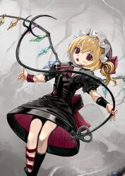  1girl absurdres alternate_color ascot back_bow black_hat black_shirt black_skirt blonde_hair bow crystal feet_out_of_frame flandre_scarlet gradient_background grey_bag hat highres holding holding_polearm holding_weapon laevatein_(touhou) large_bow medium_hair mob_cap multicolored_wings one_side_up open_mouth polearm puffy_short_sleeves puffy_sleeves pusan0918 red_ascot red_bow red_eyes shirt short_sleeves simple_background skirt solo teeth touhou upper_teeth_only weapon wings wrist_cuffs 