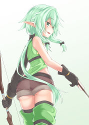  10s 1girl :d ass asymmetrical_sleeves bare_shoulders black_bow black_gloves blush bow bow_(weapon) brown_shorts crossbow elf from_behind gloves goblin_slayer! green_eyes green_hair hair_bow half-closed_eyes high_elf_archer_(goblin_slayer!) highres hip_vent long_hair looking_at_viewer looking_back low_ponytail newmori open_mouth pointy_ears short_shorts shorts sidelocks sleeveless smile solo uneven_sleeves weapon  rating:Sensitive score:24 user:danbooru
