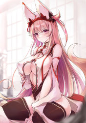  1girl animal_ears ashybrid bare_shoulders blush breast_curtains breasts brown_hair cleavage fox_ears fox_girl fox_tail highres large_breasts long_hair purple_eyes sitting solo tail 