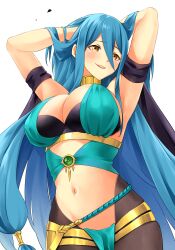  1girl absurdres alternate_breast_size alternate_costume armpits azura_(fire_emblem) black_pantyhose blue_hair blush breasts brown_eyes cleavage commentary commission cosplay dorothea_arnault dorothea_arnault_(cosplay) dorothea_arnault_(plegian) dorothea_arnault_(plegian)_(cosplay) english_commentary fire_emblem fire_emblem_fates fire_emblem_heroes hair_between_eyes hair_tubes hands_in_hair highres igni_tion large_breasts long_hair looking_at_viewer navel nintendo pantyhose pelvic_curtain second-party_source simple_background smile solo stomach very_long_hair white_background 